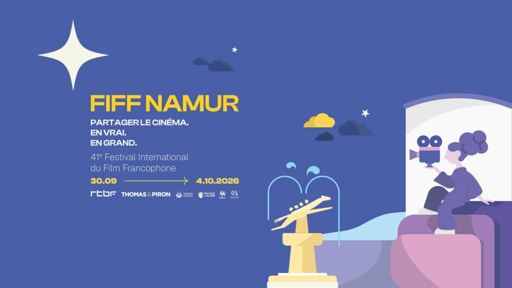 Affiche du 41e FIFF Namur, du 30 septembre au 4 octobre 2026 : une cinéaste et sa caméra, et le cheval Bayard, emblème du Festival